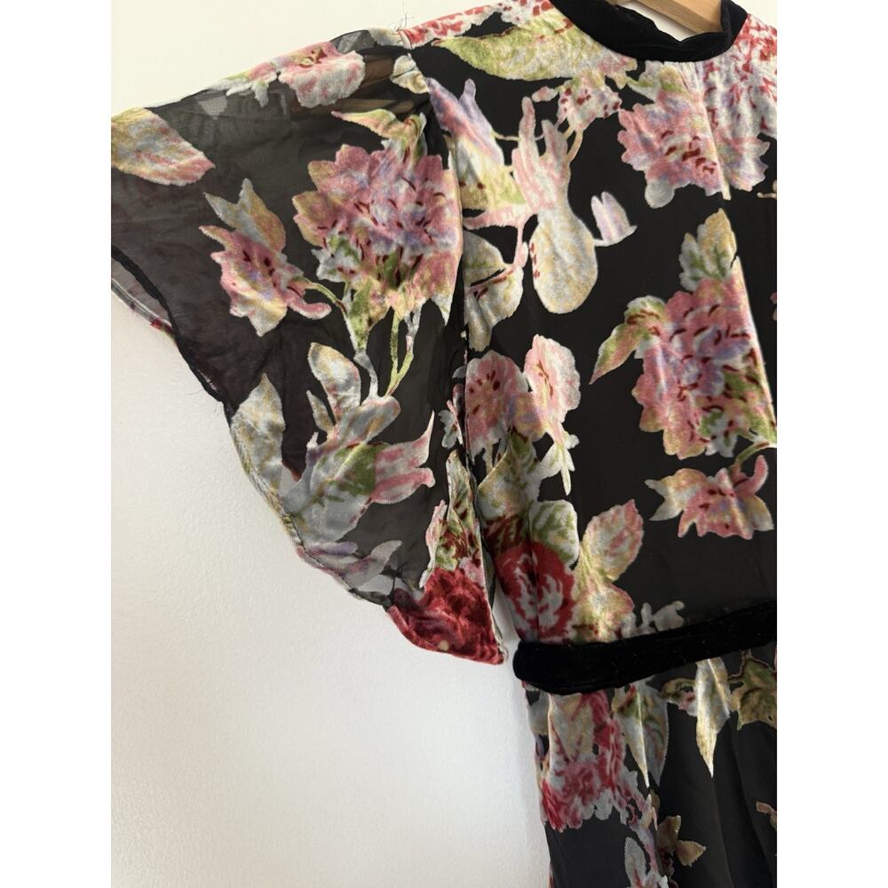 ZARA Devore Floral Burnout Velvet Mini Dress Tie Waist XS Whimsigoth Romantic - Picture 4 of 15